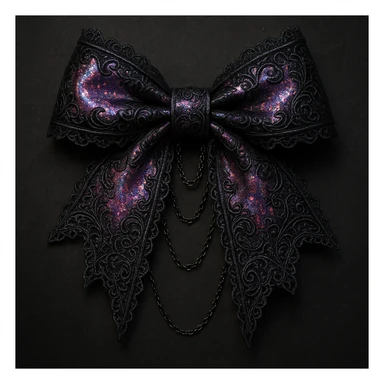 gothic lolita bow, ornate lace, holographic pink and black, delicate chains, Victorian influence, holographic effect sticker