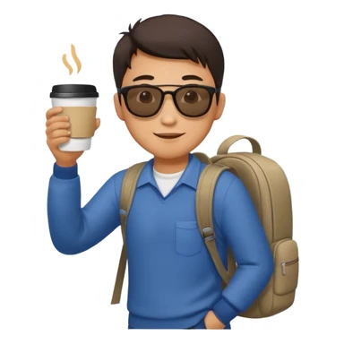 An asian man wearing sunglasses and carrying a backpack, holding a cup of coffee and waving his hand (in greeting) sticker