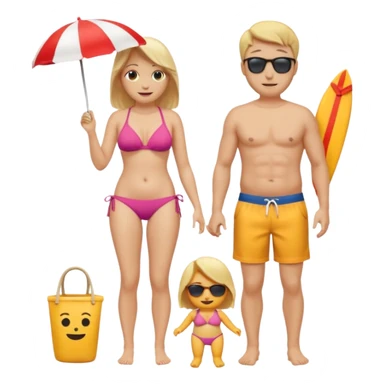 Ein Emoji, das ein älteres Paar am Strand zeigt: die Frau sehr schlank mit mittellangem, blondem Haar im Bikini, der Mann mit dickem Bauchz in Badeshorts. Beide sind im Ruhestand und liegen entspannt in Liegestühlen, um sich vom Stress des Rentnerlebens zu erholen mit sonnenschirm sticker