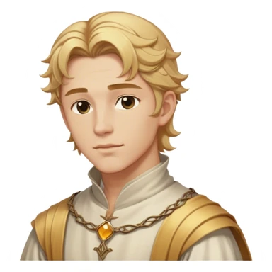 Medieval summer outfit worn by a DnD themed fantasy male character. Character has honey blonde hair swept back from the temples, reaching the nape of the neck with natural waves throughout. sticker