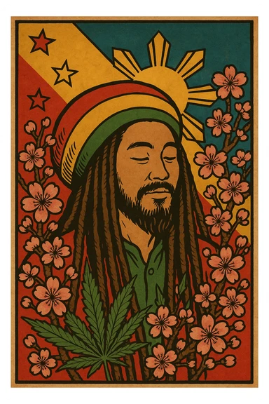 Vintage poster of an Asian Rasta with long dreadlocks, peaceful eyes, and a red-gold-green tam. Surrounded by cherry blossoms and ganja leaves. Background blends Rasta colors into an Asian flag (e.g., red sun from Japan or Chinese star). Retro reggae fusion vibe, with bold lines and aged paper texture. Philippines 
 sticker