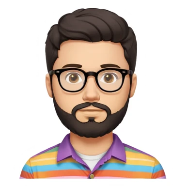 a 30-year-old man with light skin, medium solid build, wide face, soft cheeks, rounded jawline, neutral relaxed expression, short dense full beard, wavy voluminous brown-black hair at the front, large rectangular black thick frame glasses, colorful button-up shirt open showing white t-shirt sticker