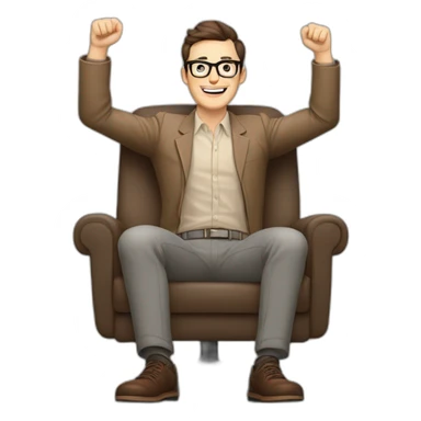 Joyful Celebrating victory Hands up Pale skinned Fit Man With dark brown hair in gray jacket, beige office shirt, Brown pants and vintage glasses sitting In a soft chair sticker