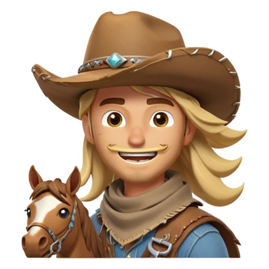 clash-of-clans-aesthetic_-cinematic-playful-cowboy-portrait-emoji, head-tilted with a roguish, cheeky grin and twinkling eyes, featuring a rugged, spirited build with a wide-brimmed cowboy hat and a weathered bandana on tan skin, riding a powerful galloping horse with dynamic flowing mane, reins gripped firmly in one hand and a lasso in the other, as dust swirls behind them in a vast desert landscape. sticker