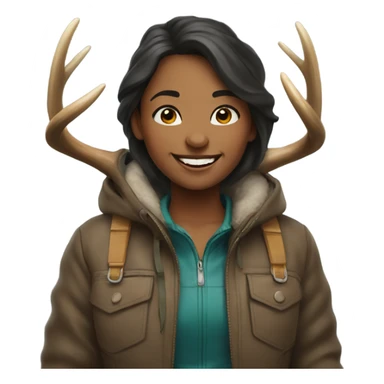 smiling girl outdoors with jacket holding elk horns sticker