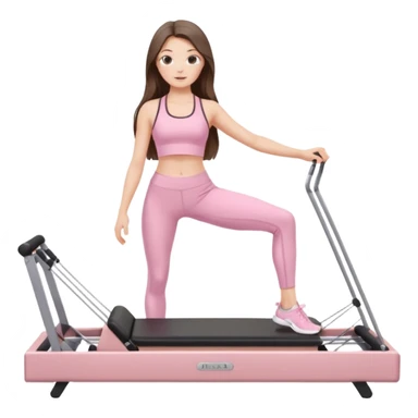 pretty white brunette teen long hair with hazel eyes and a small waist in light pink workout clothes on a pilates reformer sticker