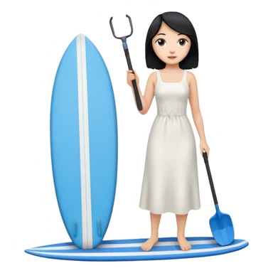 Princess who wearing white dress (woman) black hair holding her phone with her hand and holding long shovel with another hand. Under her feet, there is one blue surfing board. sticker