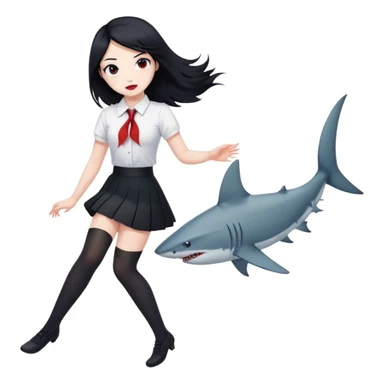 A girl in a white shirt, a black skirt and stockings with black hair, but there are glimpses of red on some areas of hair and also with a shark tail sticker