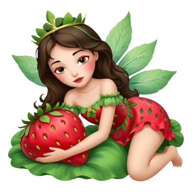 sleeping beauty brunette white girl with a silk pillow strawberry dress with her face painted fairy strawberry styles on top and her dress drawstring with a strawberry  sticker