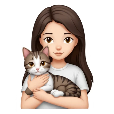 a girl with long dark brown hair, in a
white T-shirt and brown eyes, hugs a tabby
dark grey and white strips one cat sticker