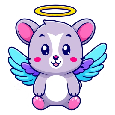 adorable possum with angel wings and halo, surrounded by stars and hearts, Lisa Frank colors sticker
