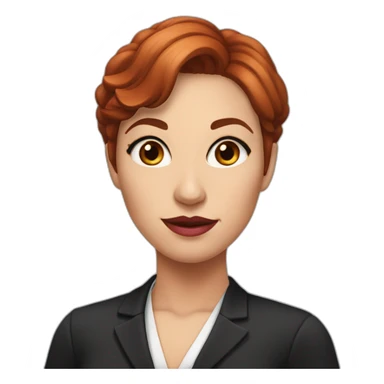 Female lawyer with cateye eyeliner ,brown eyes, plumped pink mouth and slightly red hair sticker