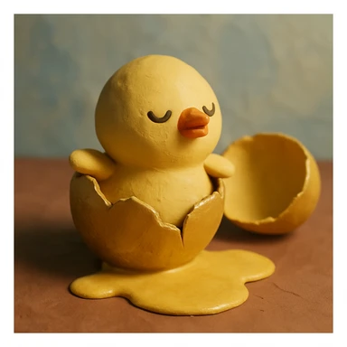 A golden broken egg in claymation style with a small chick coming out, matte texture with visible fingerprints, pastel colors. sticker