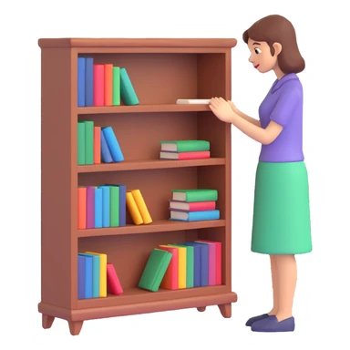 a sad woman looking at a small bookcase sticker
