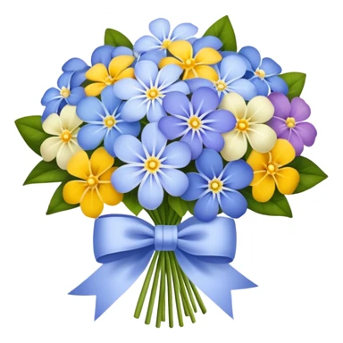 Periwinkle bouquet with assorted flowers, tied with a white bow sticker