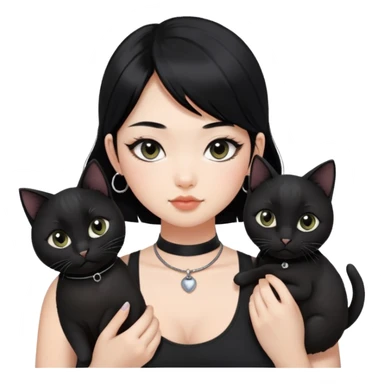 Asian girl, black hair.  Holding two BLACK cats with one cat has a round fat face. Both pure black.  The girl also wearing a black singlet, a black chocker, silver round hook earring, and wearing eyeliner.  sticker