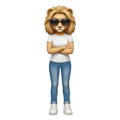 confident anthropomorphised female lion, full body, arms folded, wearing jeans, white t-shirt, dark sunglasses, trainers, looking determined sticker