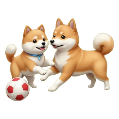2 dogs, a ginger shiba inu and a small white dog breed coton de tulear, playing with a ball in a sunny garden sticker