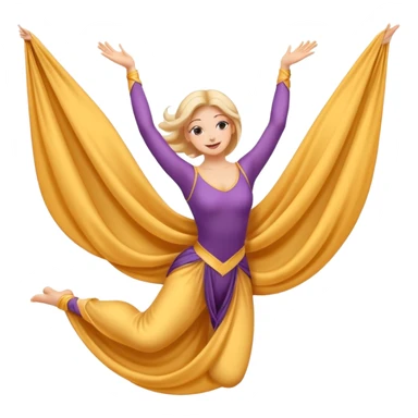 Emoji estilo ilustración de una mujer practicando danza aérea en tela, sus manos colgada en telas de seda, expresión feliz, estilo emoji moderno, colores suaves, fondo simple sticker