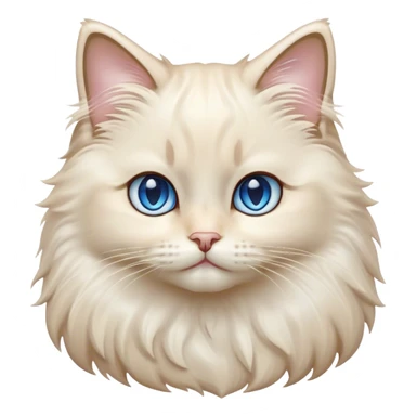 Cinematic Adorable Fluffy Cream Ragdoll Cat Portrait Emoji, Head tilted gracefully with soft, sparkling blue eyes, silky cream-colored fur with subtle darker points on the ears, face, and paws, Simplified yet noble features, highly detailed, glowing with a warm and gentle radiance, high shine, affectionate and poised, stylized with an air of elegance, bright and endearing, soft glowing outline, capturing the essence of a majestic and loving kitty, so dignified it feels like it could spring into action at any moment with grace! sticker
