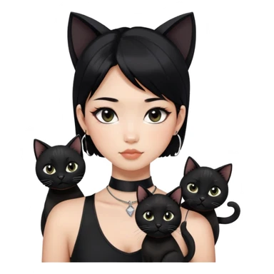 Asian girl, black hair.  Holding two BLACK cats with one cat has a round fat face. Both pure black.  The girl also wearing a black singlet, a black chocker, silver round hook earring, and wearing eyeliner.  sticker