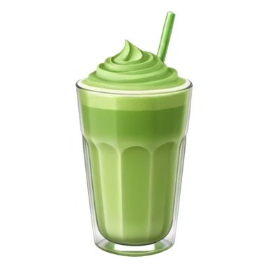 Emoji glossy 3D de un vaso de matcha latte, vaso de vidrio transparente con matcha espumoso verde pastel, capas suaves de leche y matcha, brillo intenso tipo sticker, sombras delicadas, fondo transparente, estilo cute moderno, alta calidad sticker