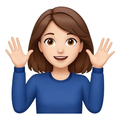 Beautiful Girl with brown hair super excited stars instead of eyes  cartoon style navy blue hands in the air  sticker