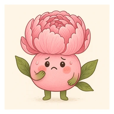 cute anthropomorphic pink peony flower with a round body, arms and legs, blushing cheeks, nervous expression sticker