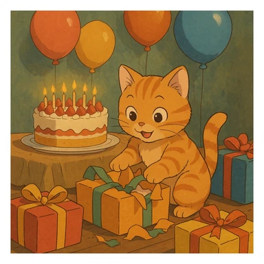 ginger tabby kitten opening presents, birthday party scene with balloons and cake, ghibli style sticker