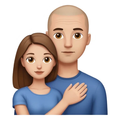 Man with shaved head holding woman with long brown hair sticker