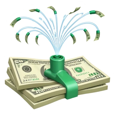 Sprinkler system shooting out streams of dollar bills, instead of water, clearly showing financial benefit sticker