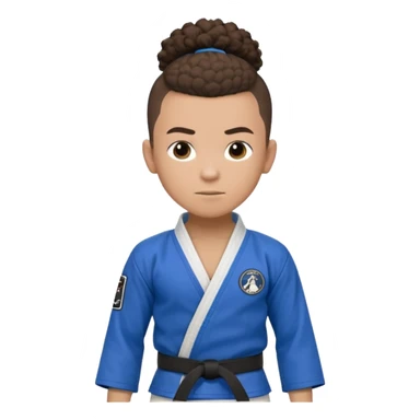 Mixed race boy BJJ instructor with pony tail afro hair and shaved bald sides haircut, Make the hair brown and the belt blue. Add the roger Gracie academy logo on the go also and the p logo of progress jiu jitsu on the right arm sleeve  at the top sticker