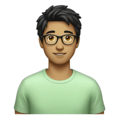 teen guy with black hair wearing glasses and a light green t-shirt sticker