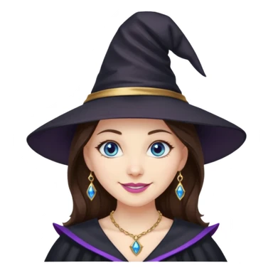 Witchy brunette haired blue eyed white girl with a witty smile a gold necklace and a black witch hat with a purple bow sticker