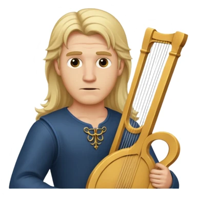 Man with long blonde hair looking arrogant  holding a lyre sticker