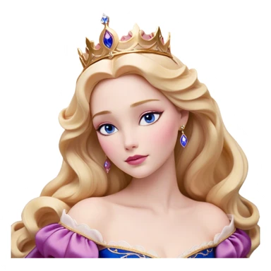 Cinematic Realistic Sleeping Beauty (Aurora) Portrait, with porcelain-like skin featuring a natural rosy flush, illuminated by soft lighting that highlights the gentle contours of her face. Her golden blonde hair flows in soft, detailed waves with subtle highlights that shimmer in the light. Her deep violet-blue eyes radiate warmth and innocence, framed by arched brows and long lashes. Her serene expression exudes quiet elegance. She is dressed in her classic pink gown, the fabric rich in texture with delicate folds that catch the light. A golden crown rests atop her head, gleaming with royal refinement. The portrait captures a soft, glowing aura, blending realism with an ethereal sense of beauty and timeless enchantment. sticker