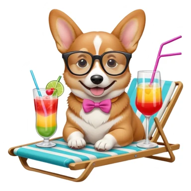 cute corgi dog lying on a beach lounger, wearing stylish glasses, happily sipping a colorful cocktail drink through a straw, emoji style sticker