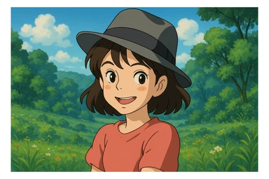 girl with a tilted gray fedora, playful smile, lush scenery, ghibli style sticker
