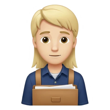 Guy with long straight blonde hair behind head and navy button up holding a school packet sticker