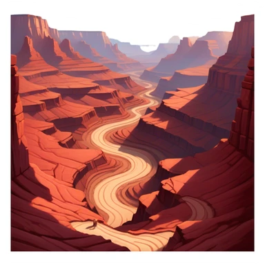 Cinematic Realistic Canyon Emoji, Vast and rugged, with deep red rock formations and winding paths leading down to a dry, dusty floor. Sunlight casts long shadows across the craggy surfaces, highlighting the layers of ancient rock. Soft glowing outline, capturing the essence of dramatic beauty and ancient history in a mighty canyon. sticker