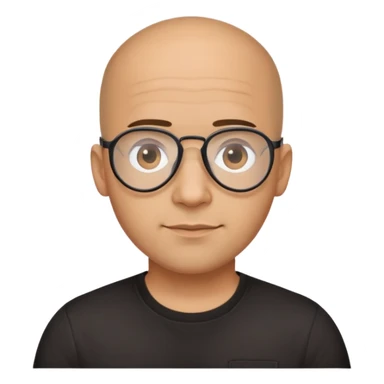 Light brown skinned Latino man with oval face, aviator glasses, completely bald sides with extremely short dark curly hair only on crown, friendly neutral expression, casual black t-shirt sticker