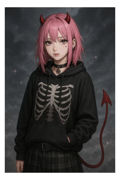 Transform the character into a devilish version with small red horns, a pointed tail, and subtle fangs. Keep the heart tattoo under her left eye, modern streetwear outfit, emo style, pink hair, dark magical accessory, sparkles, stormy background, and normal face. Render in a realistic anime style. sticker