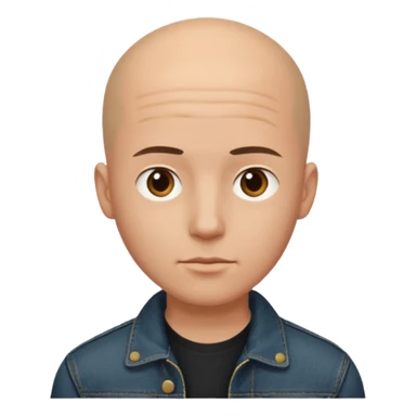  a young man with bald head, black jeans jacket, plain forehead sticker
