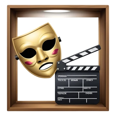 Icon for Acting in Theater and Film: a stage with a spotlight, a film camera, a clapperboard and a dramatic mask. The design should represent both theatrical performance and cinematic art. Transparent background. sticker