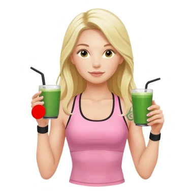 long haired blonde pilates instructor in pink drinking matcha in cute set with no straps and tattooed sticker