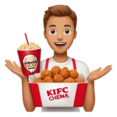 Create an emoji of a person holding a KFC meal with the phrase 'Absolute Cinema' in bold text. The person should look excited, as if they're enjoying the best meal ever. Use vibrant colors and a fun, expressive style. sticker