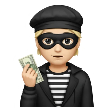 a short ios emoji-style portrait of a classic burglar, a black eye mask (looks like a blindfold) and a black-and-white striped shirt. emoji-like hair, black hat, ONE bag of money 💰 with a dollar sign in a right corner sticker