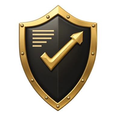 Black and gold emoji of a cracked shield reforming around a checklist with one strong tick, symbolising discipline rebuilt after failure, luxury minimal style, transparent background. sticker