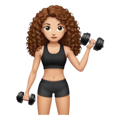 white woman with long brown curly hair in black top and shorts holding dumbbell sticker