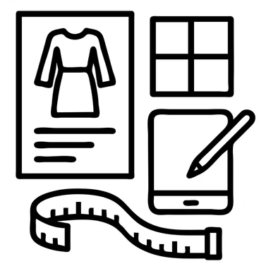 Minimalist vector icon representing fashion design management: an overhead view of a stylized open tech pack document showing a garment sketch, alongside a color swatch grid, a digital tablet with a pen, and a measuring tape curved into the shape of a semicircle. Use clean lines, soft neutral tones with one pop of color (like coral or teal), and geometric shapes. The icon should convey precision, creativity, and fashion process in a modern, professional style. Designed to be easily recognizable at small sizes. Yellow & black theme sticker